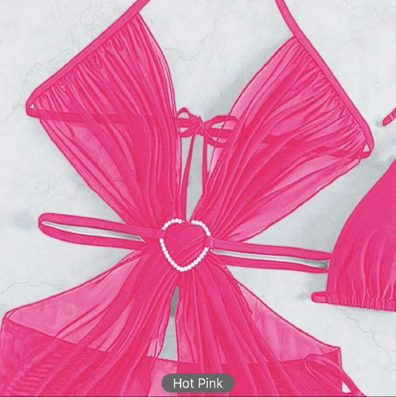 Rhinestone Heart Hardware Halter Bikini Set with Mesh Skirt — 3 Piece - pink
