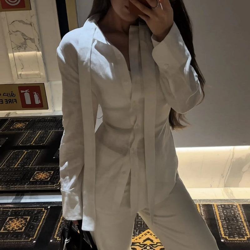 White Linen Tie Long Sleeve Shirt