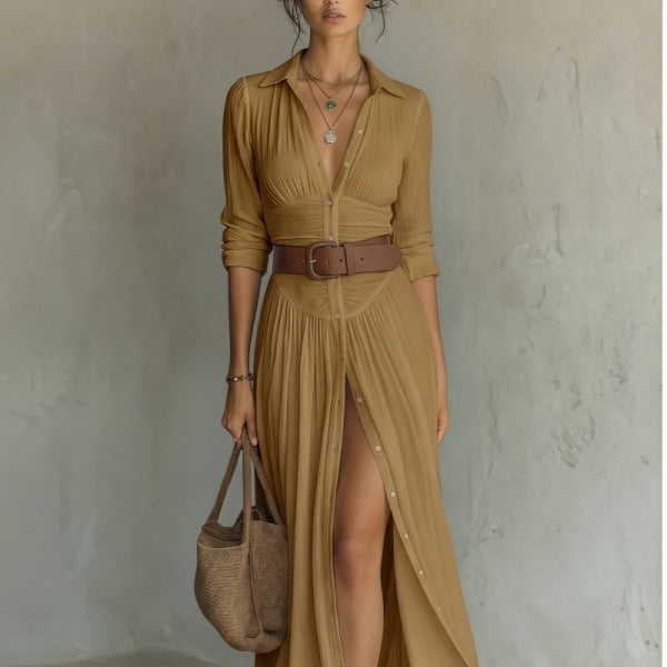 V-Neck Maxi Dress with High Side Split - brown