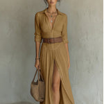 V-Neck Maxi Dress with High Side Split - brown