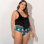Crochet Frill Top High-Waist Printed Bikini Set — Plus Size - black
