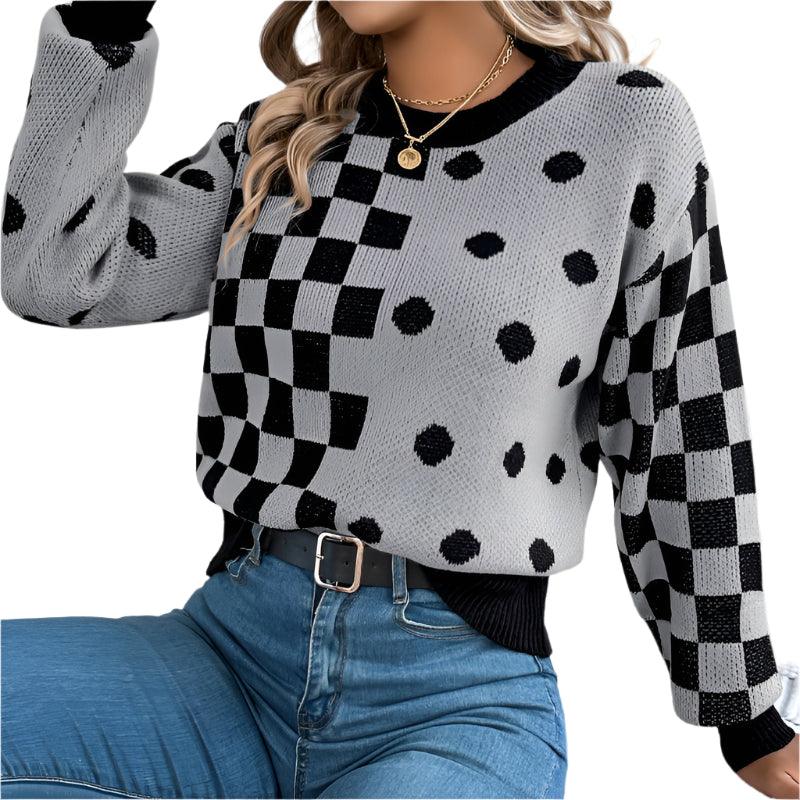 Casual Contrasting Polka Dot Lantern Sleeve Swetaer