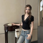 Edgy Lace V-Neck Slim Fit Top