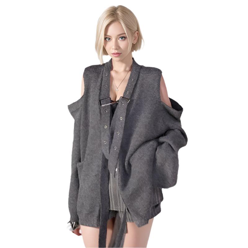 Off-Shoulder Loop V-Neck Cardigan