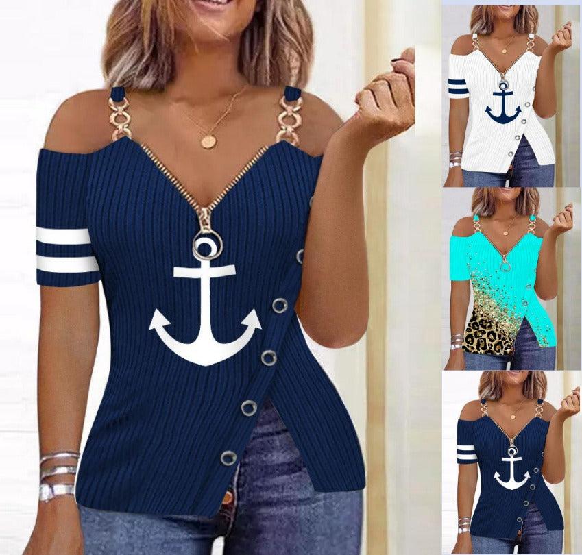 Summer Anchor Graphic Printed Zipper T-shirt - runwayfashionista.com