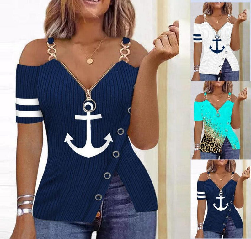 Summer Anchor Graphic Printed Zipper T-shirt - runwayfashionista.com