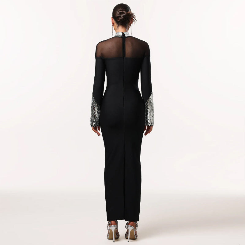 Elegant High Neck Long Sleeve Fitted Sequined Dress - black