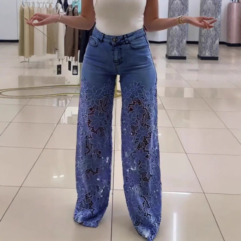 Y2K Lace Flowers Hollow Jeans -blue