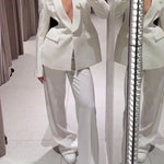 Solid Color Lapel Suit Jacket & High Waist Pants Set