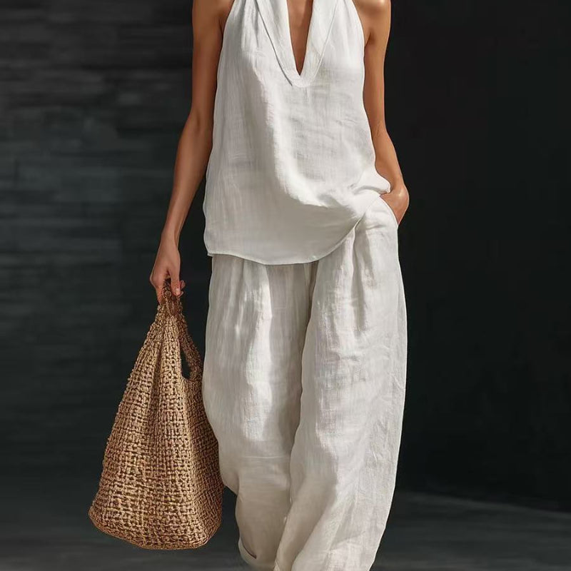 Sleeveless V-neck Halter Top And Wide-leg Pants - white