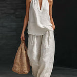 Sleeveless V-neck Halter Top And Wide-leg Pants - white