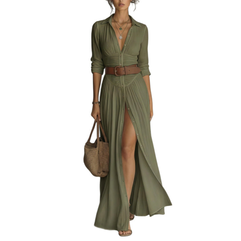 V-Neck Maxi Dress with High Side Split - green