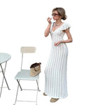 Flutter Sleeve V-Neck Openwork Maxi Dress - white