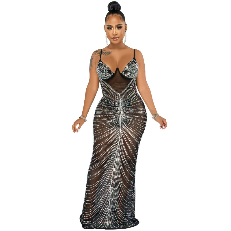 Beaded Strapless Sheer Mesh Maxi Dress - Black