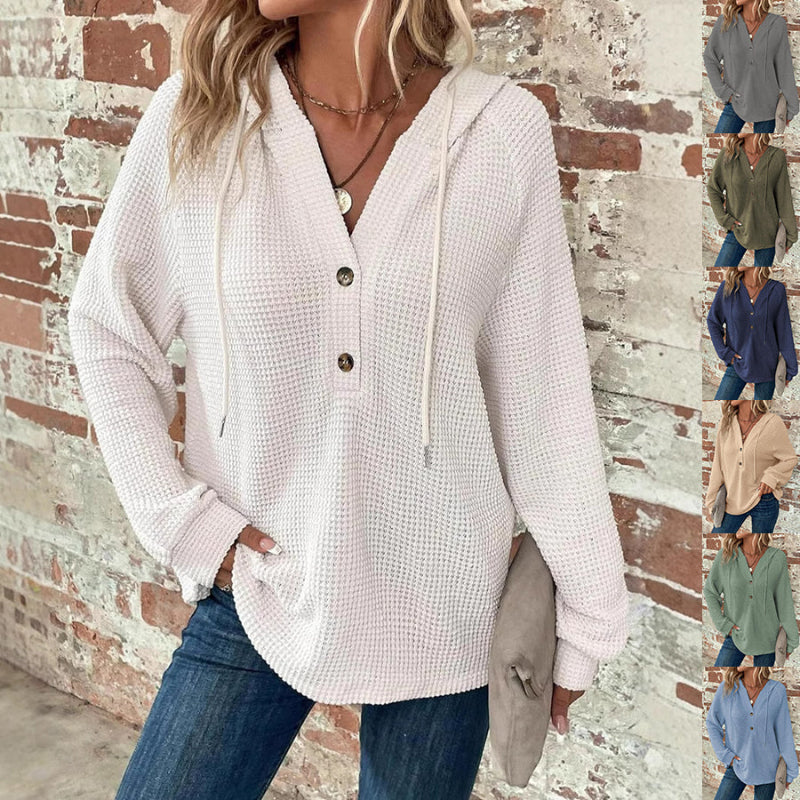 Long-sleeved Drawstring V-neck Hooded Sweater - white