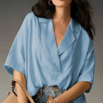 Casual Loose Short Sleeve Lapel Tops - blue
