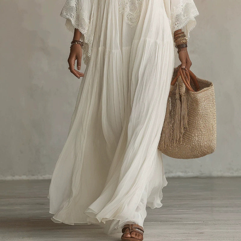 Lace-Trim V-Neck Flared-Sleeve Boho Maxi Dress - white