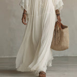 Lace-Trim V-Neck Flared-Sleeve Boho Maxi Dress - white