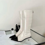 A pair of elegant women's knee-high boots with a pointed toe and thin heel, shown in both black and apricot colors.
