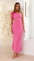 A fitted, one-shoulder maxi dress with a V-neck and sleeveless design, available in green, yellow, rose pink, red, and black, suitable for resort wear.