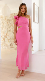A fitted, one-shoulder maxi dress with a V-neck and sleeveless design, available in green, yellow, rose pink, red, and black, suitable for resort wear.