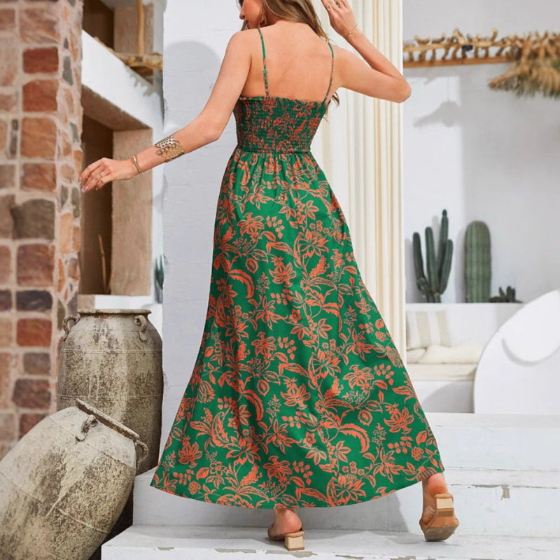 Elegant Floral One-Shoulder Maxi Dress - green