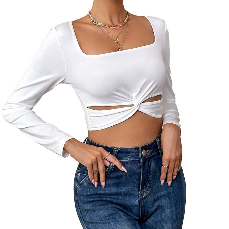 Square Neck Casual Open Navel Top - runwayfashionista.com