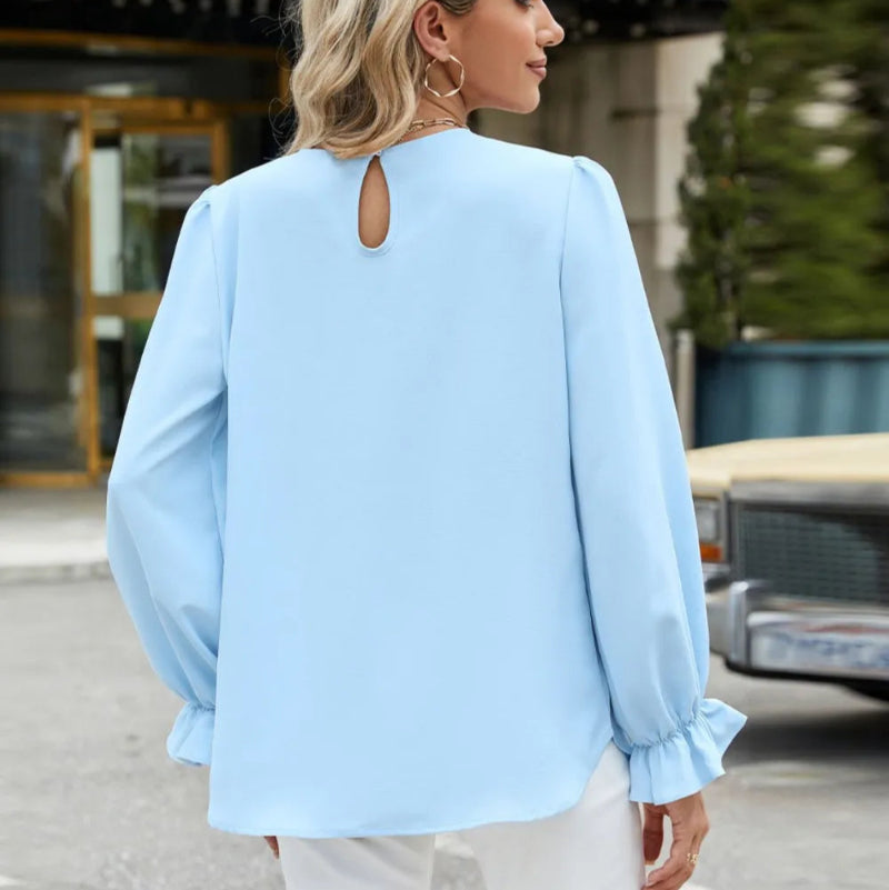 Round Neck Flounce Sleeve Top -runwayfashionista.com