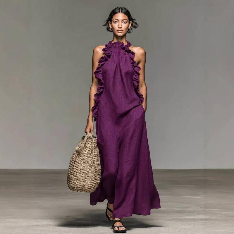 Resort Style Ruffled Halter Neck Sleeveless Maxi Dress - purple
