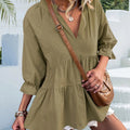 Ruffled Notched Three-Quarter Sleeve Blouse -runwayfashionista.com