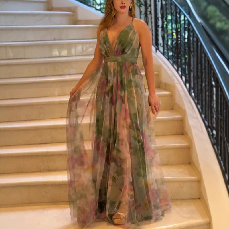 Sleeveless Military Green Printed Maxi Dress with High Waist and Flowing Silhouette