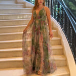 Sleeveless Military Green Printed Maxi Dress with High Waist and Flowing Silhouette