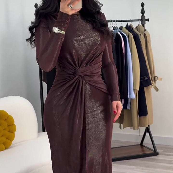 Metallic Maxi Dress With Twist Front Detail And Long Sleeves