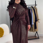 Metallic Maxi Dress With Twist Front Detail And Long Sleeves