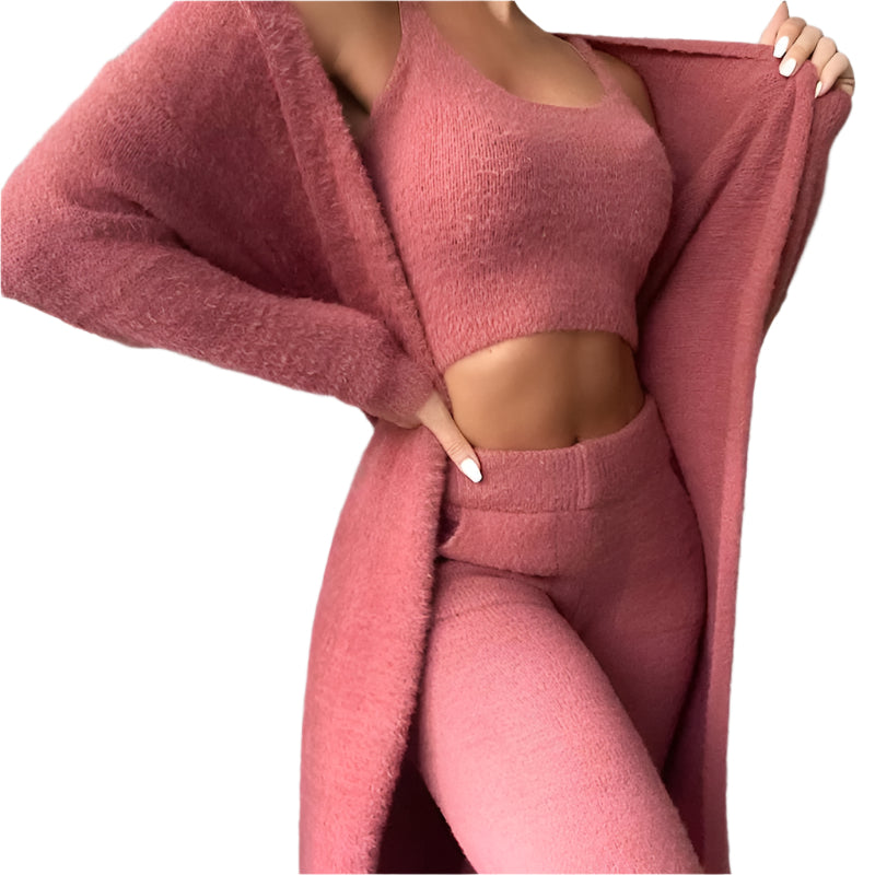 Short Crop Top Cardigan Trousers Three-piece Set