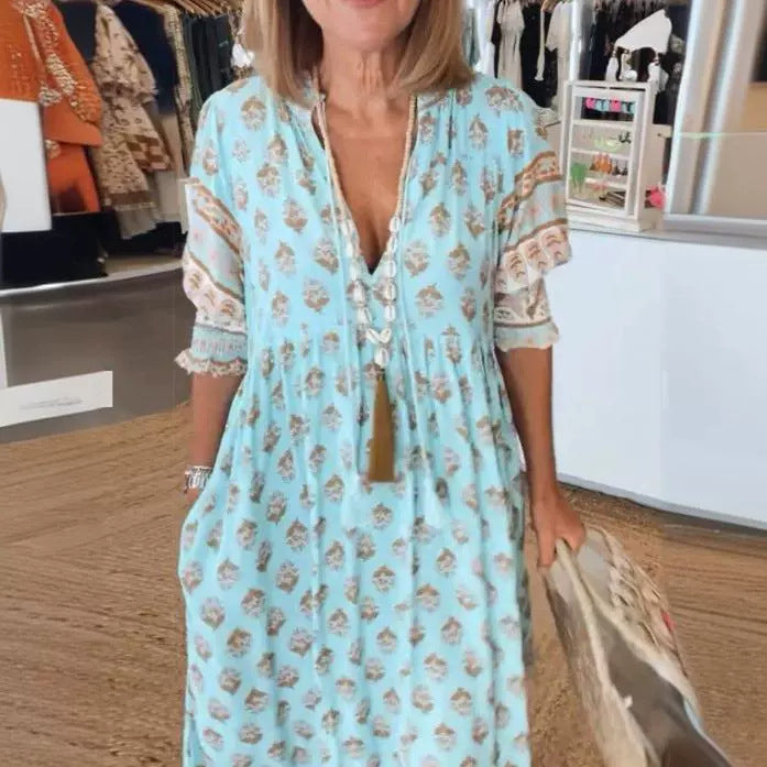 V-Neck Ruffle Long Dress Beach - Blue