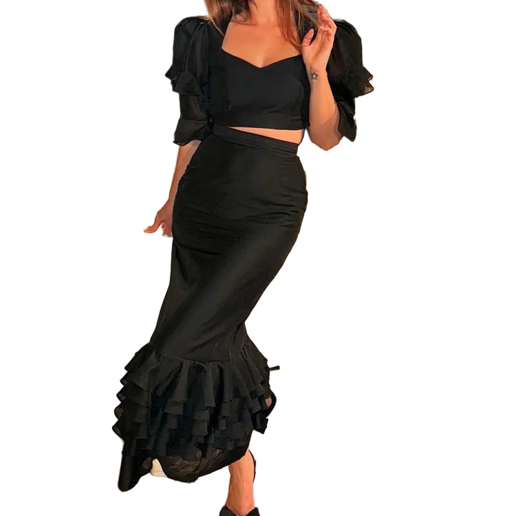 Sweetheart Puff-Sleeve Crop Top & Tiered Ruffle Hem Midi Skirt Set
