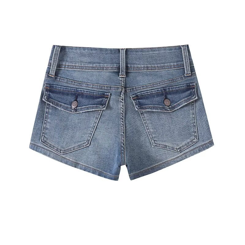 A pair of low-waisted, straight-leg dark blue denim shorts with front and back pockets and a zipper fly.