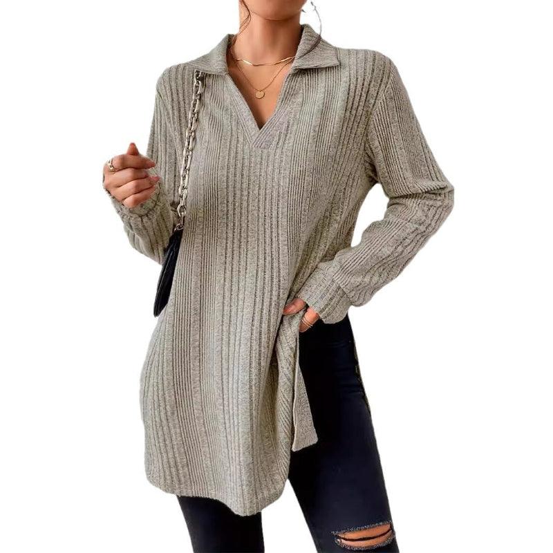 Slit johnny collar long sleeve sweater