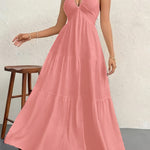 Backless Halterneck V-Neck Pleated A- Line Midi Dress - pink