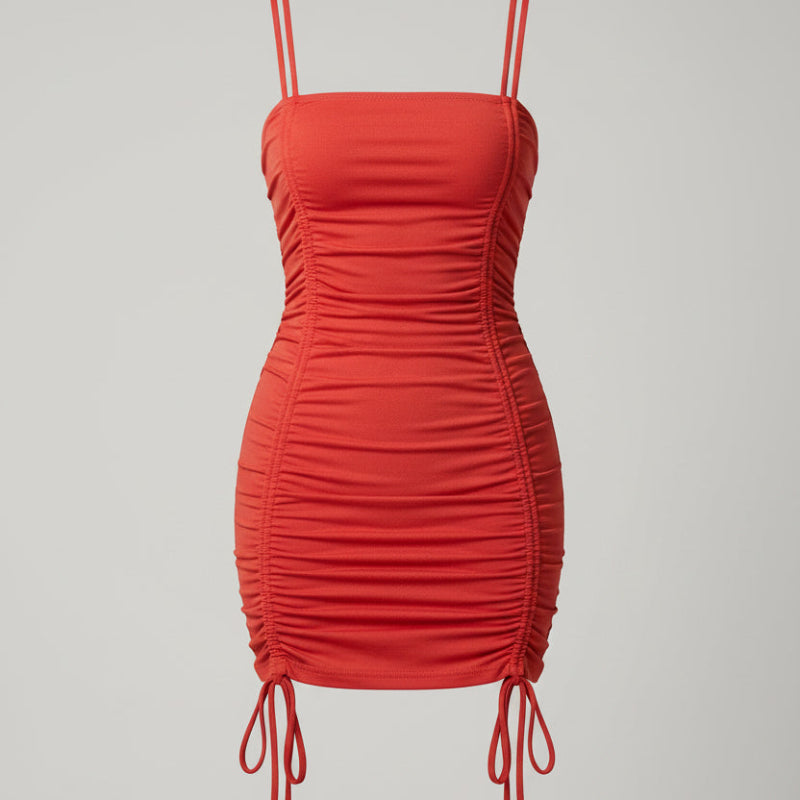 Double Spaghetti-Strap Square-Neck Full-Body Ruched Side-Drawstring Bodycon Mini Dress — 5 Colours