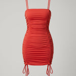 Double Spaghetti-Strap Square-Neck Full-Body Ruched Side-Drawstring Bodycon Mini Dress — 5 Colours