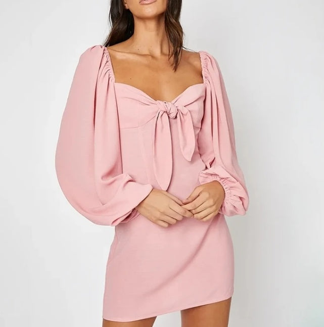 Dusty Pink Vintage-Inspired Lantern-Puff-Sleeve Front-Tie-Knot Deep-V Mini Dress — Pink, Blue & Purple