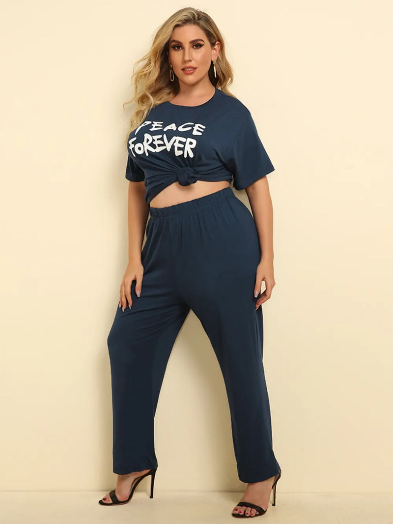 Plus Size PEACE FOREVER Dark Blue Short Sleeve Top & Pants Set - runwayfashionista.com