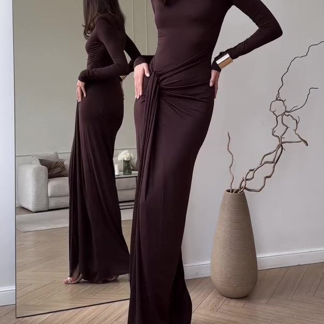 Long Sleeve Slit Maxi Dress - brown