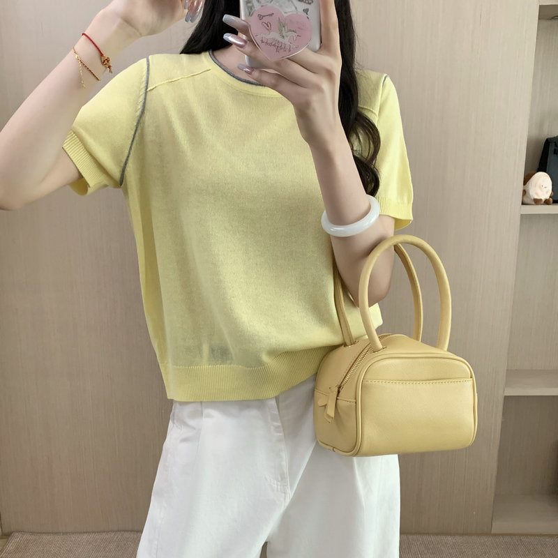 Round Neck Short Sleeve Silk Top