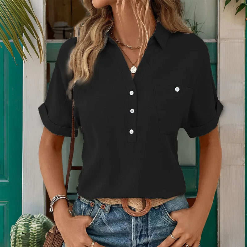 Johnny Collar Half Sleeve Blouse - runwayfashionista.com