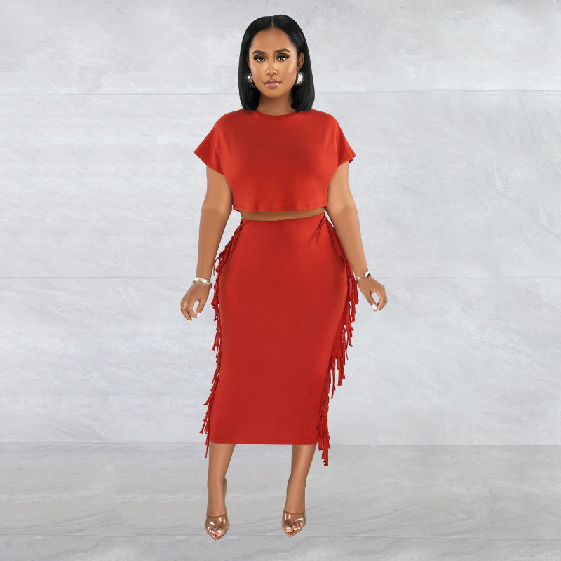 Round Neck Short Sleeve Long Dress Two-Piece Set - Red