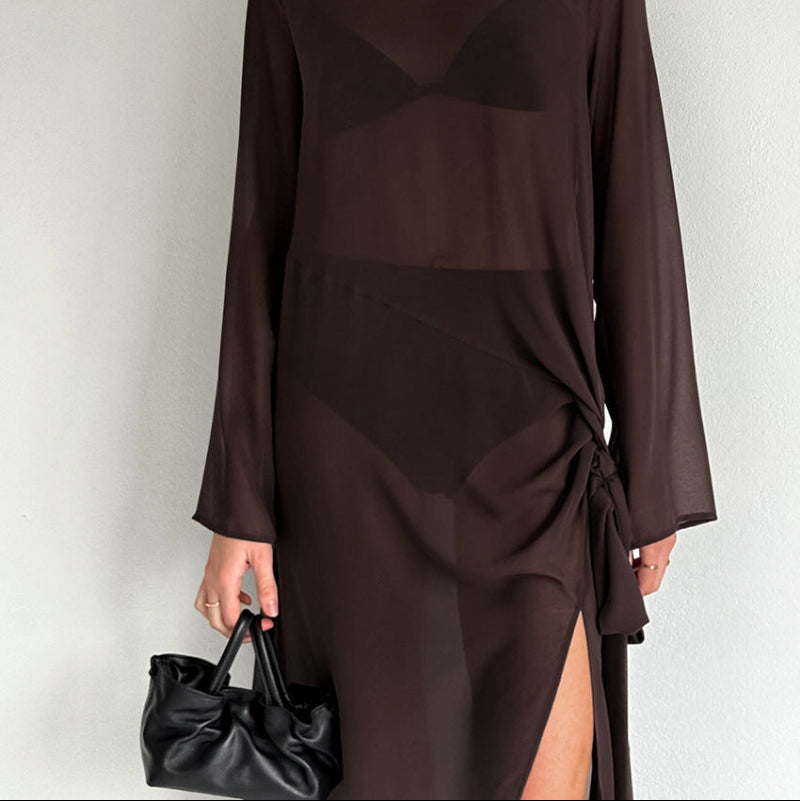 Sheer Mesh Yoke Side-Tie Ruche Front-Slit Maxi Dress