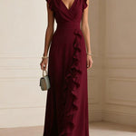 V-Neck Ruffle Maxi Dress - wine red